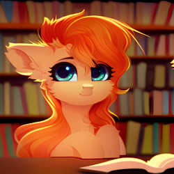 Size: 1024x1024 | Tagged: safe, editor:paracompact, imported from derpibooru, oc, oc only, pony, ai content, ai generated, book, bookshelf, bust, cheek fluff, chest fluff, cute, ear fluff, female, generator:purplesmart.ai, generator:stable diffusion, hooves on the table, library, looking at you, mare, orange coat, orange mane, solo, teal eyes, the quality of ai art is frightening