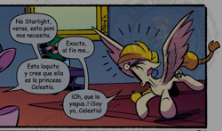 Size: 1080x637 | Tagged: safe, artist:andypriceart, derpibooru exclusive, edit, editor:enrique zx, idw, imported from derpibooru, golden feather, princess celestia, twilight sparkle, alicorn, pegasus, pony, spoiler:comic, spoiler:comic65, dialogue, disguise, implied starlight glimmer, offscreen character, spanish, spanish description, spanish text, spread wings, translation, translator:xocolatl, twilight sparkle (alicorn), watermark, wings