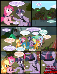 Size: 1042x1358 | Tagged: safe, artist:dendoctor, imported from derpibooru, applejack, gallus, mean twilight sparkle, ocellus, pinkie pie, sandbar, silverstream, smolder, twilight sparkle, yona, alicorn, changedling, changeling, classical hippogriff, dragon, earth pony, griffon, hippogriff, pony, timber wolf, yak, comic:clone.., alternate universe, bag, clone, comic, everfree forest, female, friendship journal, g4, mare, pinkie clone, saddle bag, student six, tent, twilight sparkle (alicorn)