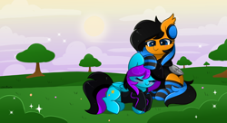 Size: 6758x3669 | Tagged: safe, artist:kittyrosie, imported from derpibooru, oc, oc only, pegasus, pony, absurd resolution, clothes, commission, duo, pegasus oc, snoozing, socks, striped socks, sun, tree