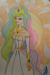 Size: 600x905 | Tagged: safe, artist:glaceonfrozen, imported from derpibooru, princess celestia, human, cutie mark, cutie mark background, female, humanized, looking at you, solo, sun, traditional art