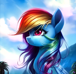 Size: 1024x1003 | Tagged: safe, derpibooru exclusive, edit, editor:xbi, imported from derpibooru, rainbow dash, pegasus, pony, ai assisted, ai content, cloud, female, folded wings, generator:purplesmart.ai, generator:stable diffusion, looking up, mare, mountain, palm tree, sky, solo, tree, windswept mane, wings