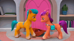Size: 1280x716 | Tagged: safe, imported from derpibooru, screencap, hitch trailblazer, sheriff silverstar, sunny starscout, zipp storm, earth pony, pegasus, pony, spoiler:g5, spoiler:my little pony: make your mark chapter 2, spoiler:myms01e05, animated, bag, button, cellphone, cowboy hat, cutie mark, flying, g5, glowing, glowing cutie mark, hat, hip, hitchbutt, hoofshake, male, my little pony: make your mark, my little pony: make your mark chapter 2, phone, rhyme, secret hoofshake, sheriff, sound, split screen, stallion, stetson, sunny starbutt, the cutie mark mix-up, two sides, webm
