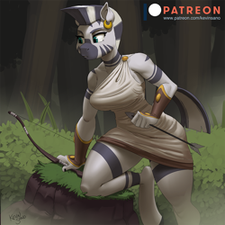 Size: 900x900 | Tagged: safe, artist:kevinsano, imported from derpibooru, zecora, anthro, unguligrade anthro, zebra, arrow, bedroom eyes, bow, breasts, busty zecora, detailed background, digital art, ear piercing, earring, female, forest, jewelry, patreon, piercing, solo, tail, thighs, tree, wide hips