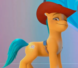 Size: 1269x1121 | Tagged: safe, imported from derpibooru, screencap, hitch trailblazer, earth pony, pony, spoiler:g5, spoiler:my little pony: make your mark chapter 2, spoiler:myms01e05, cowboy hat, cropped, g5, glowing cutie mark, hat, male, my little pony: make your mark, my little pony: make your mark chapter 2, sheriff, solo, stallion, stetson, the cutie mark mix-up