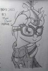 Size: 1966x2917 | Tagged: safe, artist:iceflower99, imported from derpibooru, moondancer, clothes, female, glasses, inktober, inktober 2022, monochrome, solo, sweater, traditional art