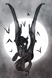 Size: 2749x4096 | Tagged: safe, artist:opalacorn, imported from derpibooru, oc, oc only, oc:void, bat, bat pony, pony, bat ponified, bat pony oc, female, flying, forked tongue, full moon, glowing, glowing eyes, grayscale, halloween, holiday, mare, monochrome, moon, race swap, solo, tongue out