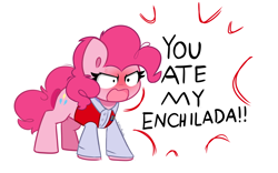 Size: 5928x3696 | Tagged: safe, artist:kittyrosie, imported from derpibooru, pinkie pie, earth pony, pony, angry, clothes, crazy steve, cross-popping veins, drake & josh, emanata, open mouth, simple background, solo, white background