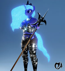 Size: 1998x2160 | Tagged: safe, artist:deadair, imported from derpibooru, princess luna, alicorn, anthro, 3d, 3d model, armor, blender, collar, crown, glowing mane, halberd, jewelry, leather, ornament, regalia, solo, unconvincing armor, weapon, wip