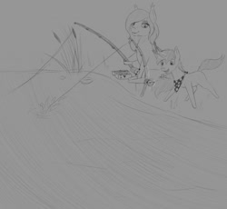 Size: 1280x1180 | Tagged: safe, artist:stray prey, imported from derpibooru, oc, oc only, oc:flare, oc:lucent, bat pony, pony, unicorn, bandana, bat pony oc, colt, female, fishing, fishing rod, horn, magic, male, mare, monochrome, mother and child, mother and son, open mouth, telekinesis, traditional art