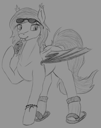 Size: 950x1200 | Tagged: safe, artist:stray prey, imported from derpibooru, oc, oc only, oc:flare, bat pony, pony, bat pony oc, bat wings, clothes, fangs, female, flip flops, hoof hold, mare, monochrome, raised hoof, socks, solo, sunglasses, traditional art, vape, wings