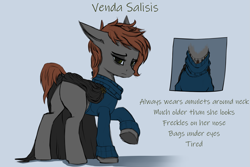 Size: 2515x1681 | Tagged: safe, artist:syntiset, imported from derpibooru, oc, oc:venda salisis, earth pony, pony, amulet, bags under eyes, brown mane, butt, clothes, coat, colored sketch, female, freckles, gray coat, green eyes, jewelry, mare, plot, reference sheet, simple background, sketch, solo, sweater, tired