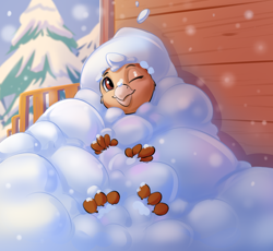 Size: 2170x2000 | Tagged: safe, artist:kittytitikitty, imported from derpibooru, oc, oc only, oc:suban, griffon, covered, curled toes, cute, griffon oc, paws, snow, snowfall, solo, toes, tree, winter