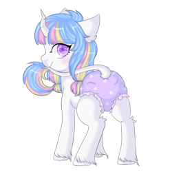 Size: 1000x1000 | Tagged: safe, artist:veincchi, imported from derpibooru, oc, oc only, oc:lorelei, pony, unicorn, biting, blushing, butt, commission, cute, diaper, female, filly, foal, horn, leonine tail, mare, plot, simple background, solo, tail, tail bite, transparent background, unicorn oc, unshorn fetlocks