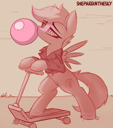 Size: 761x862 | Tagged: safe, artist:shepardinthesky, imported from derpibooru, scootaloo, pegasus, pony, bubblegum, clothes, female, food, gum, jacket, leather, leather jacket, limited palette, mare, older, older scootaloo, scooter, sketch, solo, spread wings, wings