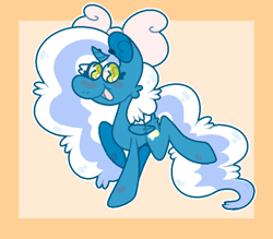 Size: 843x740 | Tagged: safe, artist:bobbybugboi, imported from derpibooru, oc, oc:fleurbelle, alicorn, pony, alicorn oc, blushing, bow, female, hair bow, horn, mare, orange background, simple background, solo, trotting, wings, yellow eyes