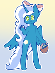 Size: 768x1024 | Tagged: safe, artist:racheldragon21, imported from derpibooru, oc, oc:fleurbelle, alicorn, semi-anthro, alicorn oc, basket, bow, female, flower, hair bow, holding, horn, mare, solo, wings, yellow eyes