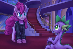 Size: 2200x1466 | Tagged: safe, artist:redahfuhrerking, imported from derpibooru, pinkie pie, spike, dragon, earth pony, pony, fanfic:spectrum of lightning, series:daring did tales of an adventurer's companion, bag, canterlot, canterlot castle, carpet, clothes, fanfic art, hoodie, night, painting, sitting, sitting on floor, smiling, staircase, stifling laughter