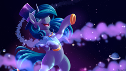 Size: 1920x1080 | Tagged: safe, artist:emithegoat, imported from derpibooru, oc, oc only, pony, unicorn, colored hooves, hat, horn, magic, male, planet, solo, space, stars, top hat, unicorn oc