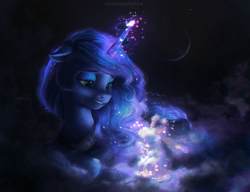 Size: 1743x1336 | Tagged: safe, artist:annaxeptable, edit, imported from derpibooru, princess luna, alicorn, pony, cloud, cute, female, floppy ears, g4, g4 to g5, g5, generation leap, jewelry, magic, mare, moon, my little pony: a new generation, night, outdoors, smiling, solo, sparkles, style emulation