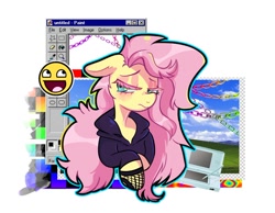 Size: 680x528 | Tagged: safe, artist:kreeeeeez, imported from derpibooru, fluttershy, '90s, alternate hairstyle, awesome face, bliss xp, bust, clothes, colored eyelashes, design, female, hoodie, messy mane, microsoft windows, portrait, shirt design, solo, twitter, webcore, windows 95