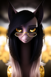 Size: 3072x4608 | Tagged: safe, artist:derpy_momo, derpibooru exclusive, imported from derpibooru, oc, pony, ai content, ai generated, black and white mane, ears, generator:novelai, generator:stable diffusion, glasses, gold, golden eyes, smiling, solo