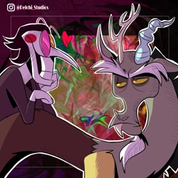 Size: 1080x1080 | Tagged: safe, artist:naquelinedelch2, imported from derpibooru, discord, draconequus, abstract background, antlers, clothes, crossover, deltarune, discord is not amused, duo, heart, instagram, long nose, male, nose, one sided shipping, outline, signature, spamton, spanish description, suit, unamused, white outline