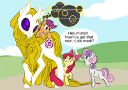 Size: 2500x1750 | Tagged: safe, artist:sixes&sevens, imported from derpibooru, apple bloom, scootaloo, sweetie belle, earth pony, pegasus, pony, unicorn, blank flank, body horror, cutie mark crusaders, eldritch abomination, hastur, ponified, the king in yellow, the yellow sign