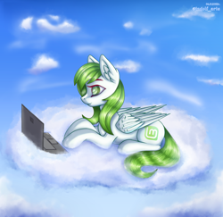 Size: 3800x3700 | Tagged: safe, artist:ingolf arts, imported from derpibooru, oc, oc only, pegasus, pony, cloud, computer, cute, ear fluff, female, floppy ears, high res, laptop computer, linux, linux mint, mare, notebook, os pony, ponified, sky, smiling, solo, wings