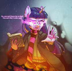 Size: 2837x2806 | Tagged: safe, artist:haku nichiya, imported from derpibooru, twilight sparkle, alicorn, anthro, book, clothes, crying, magic, necromancer, necromancy, scarf, solo, spellbook, striped scarf, teary eyes, twilight sparkle (alicorn)