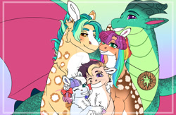 Size: 1280x837 | Tagged: safe, artist:malinraf1615, imported from derpibooru, hitch trailblazer, sunny starscout, oc, dragon, earth pony, pony, family, family photo, female, g5, g5 oc, male, offspring, older, older hitch trailblazer, older sparky sparkeroni, parent:hitch trailblazer, parent:sunny starscout, parents:sunnyhitch, shipping, sparky sparkeroni, straight, sunnyhitch