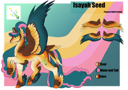 Size: 1920x1358 | Tagged: safe, artist:oneiria-fylakas, imported from derpibooru, oc, oc:isayah seed, pegasus, pony, colored wings, feathered fetlocks, female, mare, multicolored wings, reference sheet, solo, tail, tail feathers, wings