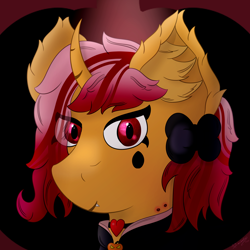 Size: 3000x3000 | Tagged: safe, artist:spiroudada, imported from derpibooru, oc, oc:dolly hooves, blood, bow, bust, cape, clothes, collar, crossdressing, male, portrait, red eyes, solo, spooky, stallion