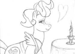 Size: 3273x2388 | Tagged: safe, artist:clonehunter, imported from derpibooru, cup cake, earth pony, pony, apron, candle, candlestick, clothes, ear piercing, earring, female, floating heart, grayscale, heart, jewelry, mare, monochrome, piercing, sitting, smiling, solo, table, traditional art