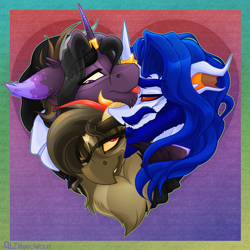 Size: 3462x3462 | Tagged: safe, artist:alzmariowolfe, imported from derpibooru, oc, oc:alz riel-delano, oc:delta riel-delano, oc:gib riel-delano, alicorn, bat pony, bat pony alicorn, changeling, griffon, pony, :p, bat wings, g4, heart, horn, jewelry, lgbt, polyamory, ring, shipping, smiling, tongue out, unshorn fetlocks, wings