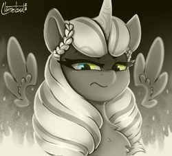 Size: 970x880 | Tagged: safe, artist:llametsul, imported from derpibooru, opaline arcana, alicorn, pony, spoiler:g5, spoiler:my little pony: make your mark, disgusted, female, fire, floating wings, frown, g5, looking at you, looking down, looking down at you, mare, monochrome, my little pony: make your mark, signature, solo, wings