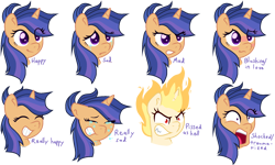 Size: 1945x1165 | Tagged: safe, artist:lindasaurie, imported from derpibooru, oc, oc:galaxy swirls, pony, unicorn, angry, blushing, bust, crying, expressions, eye clipping through hair, eyebrows, eyebrows visible through hair, facial expressions, gift art, happy, mane of fire, next generation, offspring, parent:flash sentry, parent:twilight sparkle, parents:flashlight, sad, shocked, shocked expression, simple background, solo, transparent background