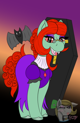 Size: 780x1200 | Tagged: safe, artist:gray star, derpibooru exclusive, imported from derpibooru, oc, oc only, oc:wella heartsong, bat, earth pony, pony, undead, vampire, chocolate, clothes, cuddling, fangs, female, food, glasses, trans female, transgender, transgender oc