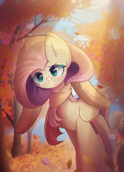 Size: 1700x2350 | Tagged: safe, artist:miryelis, imported from derpibooru, fluttershy, pegasus, pony, autumn, clothes, cute, full body, hat, leaves, scarf, sky, smiling, solo, tree, walking