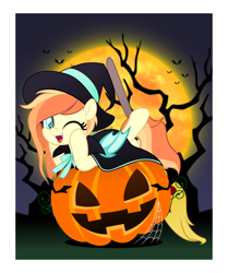 Size: 4188x5000 | Tagged: safe, artist:jhayarr23, imported from derpibooru, oc, oc only, oc:sunshine drift, bat, bat pony, pony, bat pony oc, broom, clothes, commission, costume, female, halloween, halloween costume, hat, holiday, jack-o-lantern, looking at you, mare, moon, one eye closed, pumpkin, smiling, solo, spider web, wink, witch hat, ych result, your character here