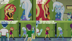 Size: 4400x2475 | Tagged: safe, edit, edited screencap, editor:quoterific, imported from derpibooru, screencap, blueberry cake, curly winds, indigo wreath, some blue guy, sunset shimmer, trixie, human, equestria girls, equestria girls series, forgotten friendship, female, male