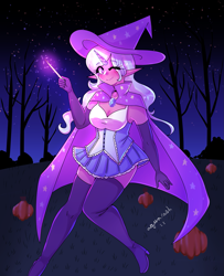 Size: 1709x2100 | Tagged: safe, artist:mylittleyuri, imported from derpibooru, trixie, human, boots, cape, choker, clothes, cute, diatrixes, dress, elf ears, evening gloves, female, gloves, glowing, glowing horn, hat, horn, horned humanization, humanized, long gloves, magic, magic wand, night, one eye closed, pumpkin, shoes, solo, thigh boots, tree, trixie's cape, trixie's hat, wink, zettai ryouiki