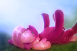 Size: 1200x792 | Tagged: source needed, safe, artist:xbi, imported from derpibooru, cheerilee, earth pony, pony, cheeribetes, cute, female, grass, looking up, lying down, mare, on back, smiling, solo, tabun art-battle finished after