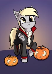 Size: 2480x3508 | Tagged: safe, artist:wasnttheredonenothing, imported from derpibooru, derpy hooves, pony, undead, vampire, :3, halloween, holiday, pumpkin, solo