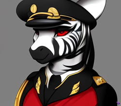 Size: 1024x896 | Tagged: safe, imported from derpibooru, oc, oc:mwanga wa mwezi/moonlight, anthro, zebra, equestria at war mod, ai content, ai generated, anthro oc, black and white coat, clothes, explorer, explorer outfit, generator:purplesmart.ai, generator:stable diffusion, gold, male, military uniform, red eyes, roamanii, smiling, soldier, stallion, stripes, uniform, uniform hat