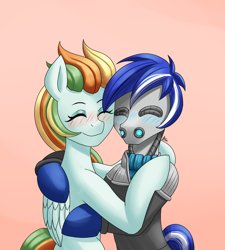 Size: 1800x2000 | Tagged: safe, artist:zachc, imported from derpibooru, oc, oc only, oc:ivislor odzi, oc:éirinn, cyborg, cyborg pony, pegasus, pony, commission, commissioner:iv's, duo, female, hug, male