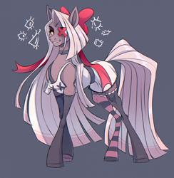 Size: 1250x1280 | Tagged: safe, artist:1an1, imported from derpibooru, oc, oc only, demon, demon pony, earth pony, moth, mothpony, pony, bow, choker, clothes, dress, eye, eyes, gritted teeth, hair bow, hazbin hotel, mismatched socks, missing eye, moth demon, one eyed, ponified, slim, socks, solo, stockings, striped socks, teeth, thigh highs, vaggie
