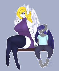 Size: 1067x1280 | Tagged: safe, artist:spamjamz, imported from derpibooru, oc, oc only, oc:dusk rhine, oc:swift wing, anthro, bat pony, pegasus, unguligrade anthro, bat pony oc, bat wings, big breasts, breasts, clothes, curvy, denim, dress, female, glasses, holding hands, hooves, jeans, larger female, looking left, pants, pegasus oc, shirt, simple background, size difference, skindentation, socks, stripes, sweater dress, thigh highs, thighs, thunder thighs, turtleneck, wide hips, wings, zettai ryouiki