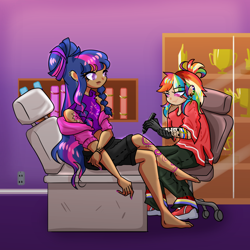 Size: 1080x1080 | Tagged: safe, artist:windywendy29, imported from derpibooru, rainbow dash, twilight sparkle, human, alternate hairstyle, barefoot, cargo pants, chair, clothes, cutie mark on human, cutie mark tattoo, dark skin, duo, ear piercing, earring, eyebrow piercing, feet, female, gloves, hoodie, humanized, jewelry, nail polish, office chair, pants, piercing, ponytail, shirt, shoes, short shirt, shorts, smiling, smirk, t-shirt, tattoo, tattoo artist, trophy