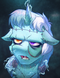 Size: 2506x3264 | Tagged: safe, artist:witchtaunter, imported from derpibooru, lyra heartstrings, pony, unicorn, chest fluff, ear fluff, electricity, female, floppy ears, frankenlyra, frankenpony, frankenstein's monster, furrowed brow, halloween, halloween 2022, heterochromia, holiday, l.u.l.s., mare, multicolored eyes, scar, solo, spooky